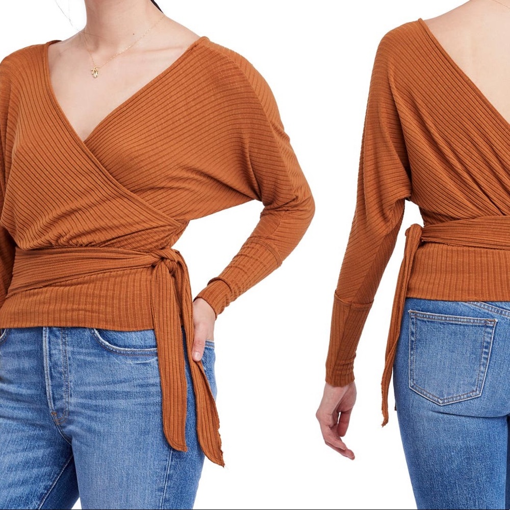 Free People Rust Wrap Ribbed Long Sleeve Top